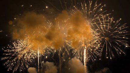 Golden fireworks explode in the night sky, illuminating the darkness with brilliant bursts of light