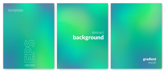 Abstract liquid background set. Gradient mesh. Effect blend green blue color. Blurred fluid colorful mix. Modern design template for web cover, header, ad banner, poster, brochure, flyer. Vector image