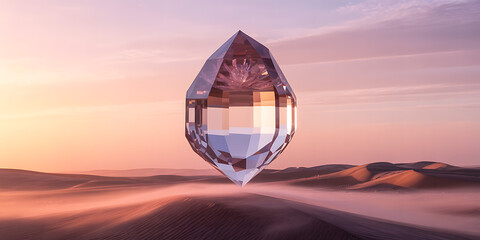Transparent crystal diamond floating over ethereal desert dunes at dawn or dusk
