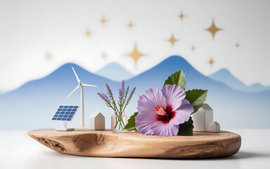 Clean energy concept with solar panels windmill houses flower on wooden base