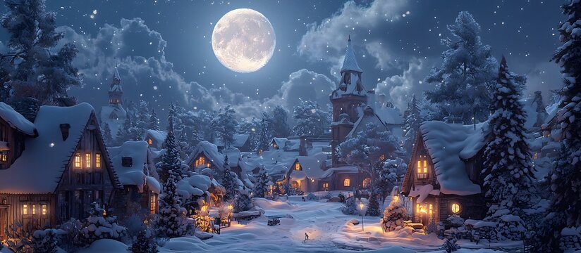 Snowy Christmas village scene with twinkling lights and beautifully decorated houses