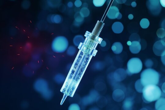 Syringe containing liquid medicine on a blue bokeh background with red particles