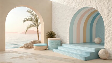 Modern Mediterranean-inspired interior with pastel rainbow arch, ocean view, palm trees, and minimalist decor, ideal for travel concepts, summer vibes, design blogs, wellness branding