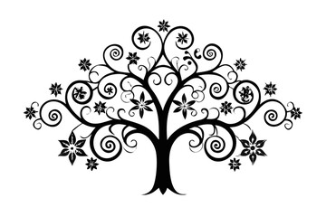 Tree illustration with swirling branches and stars in decorative style