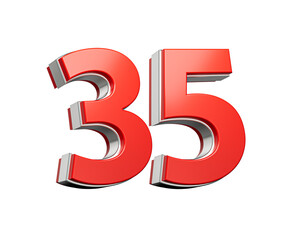 Bold Vibrant Red Number Thirty five Number 35 With Metallic On White Background 3D Illustration