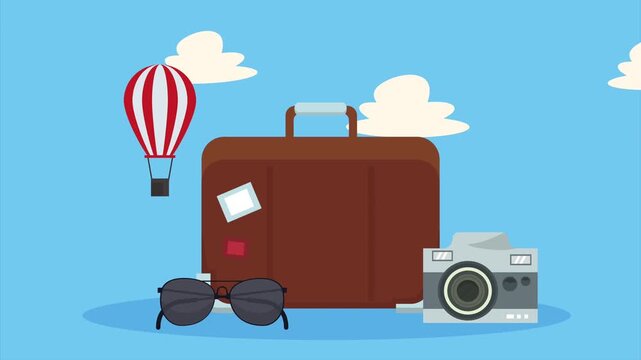 Travel scene with a brown suitcase camera sunglasses and a hot air balloon against a blue sky. Flat graphic animated cartoon
