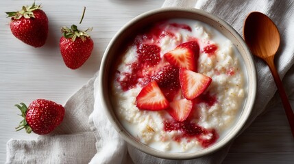 A close-up of vibrant strawberries on creamy oatmeal in a bowl, evoking a healthy and delicious breakfast scene.