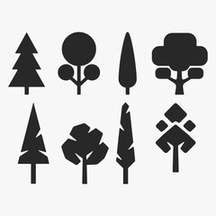 A Set of stylized tree silhouettes. each with a different shape and size.