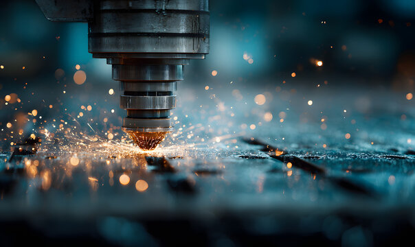 Closeup CNC gas cutting metal sheet, sparks fly. Blue steel color, modern industrial technology. - Powered by Adobe