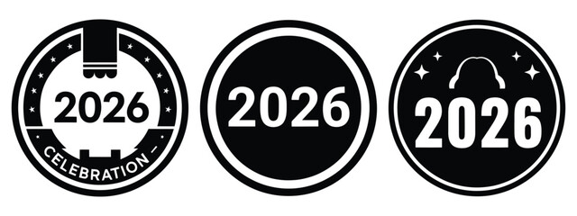Fototapeta premium 2026 celebration badge silhouette illustration, happy New Year 2026 vector icon set collection