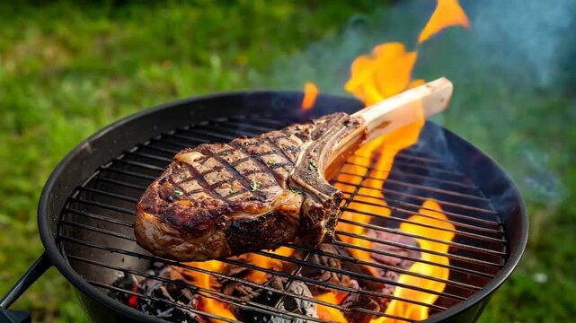 Grilled tomahawk steak cooking on a flaming barbecue grill, showing the bone and charred grill marks, with lush green grass in the background.