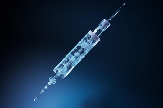 Syringe full of liquid with small particles representing medical injection or vaccine administration