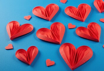 Obraz premium Red paper hearts on blue background