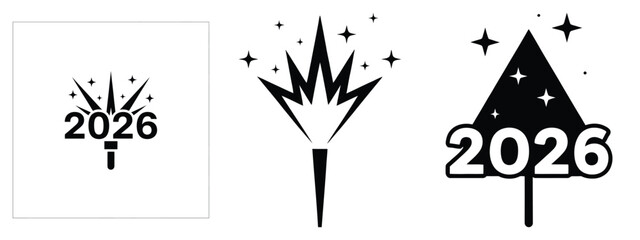 2026 glitter flare silhouette illustration, happy New Year 2026 vector icon set collection