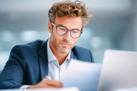 Businessman reading important documents while working on laptop in office.