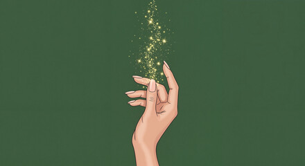 Hand releasing golden sparkles on green background for New Year and Christmas business slogans  