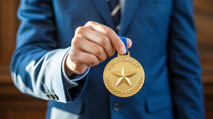 Man in suit holding a gold achievement medal, celebrating victory and success, recognizing hard work and dedication with honor and pride at award ceremony