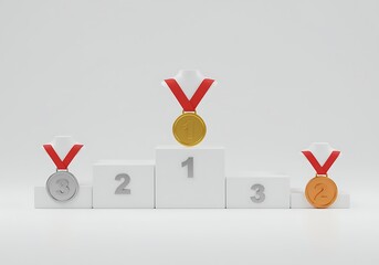 Victory Podium Displaying Gold Silver and Bronze Medals Representing Achievement and Success in Competitions