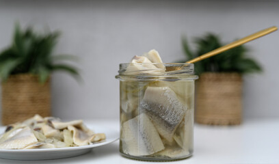 Christmas Eve herring fillets marinaded with vinegar, oil and onion