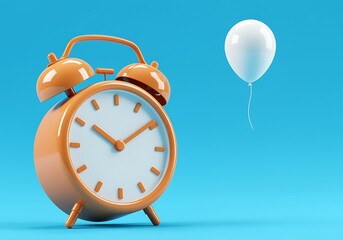 Vintage Orange Alarm Clock with White Balloon Against a Bright Blue Background Symbolic of Celebration and Timelessness