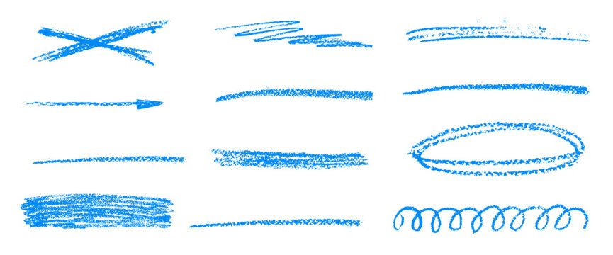 Blue underline crayon pencil brush stroke. Textured scrawl chalk strikethrough lines set. Hand pen drawn highlight for text design and note. Vector freehand scribble divider elements set isolated.
