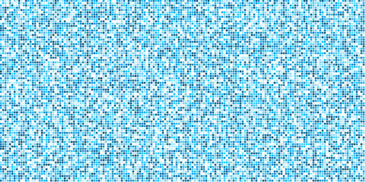 Pool tile pixel background. Blue mosaic tile backdrop with geometric grid texture. Swimming pool or bathroom wall design with square ornament. Flat seamless vector illustration.