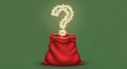Red gift sack with glowing question mark for New Year and Christmas business slogans  