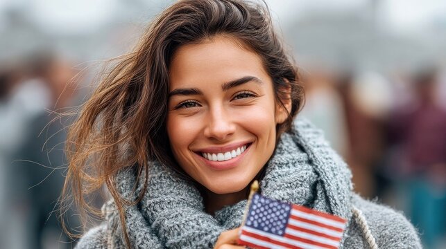 A cheerful woman proudly displays the American flag, radiating happiness and patriotism.