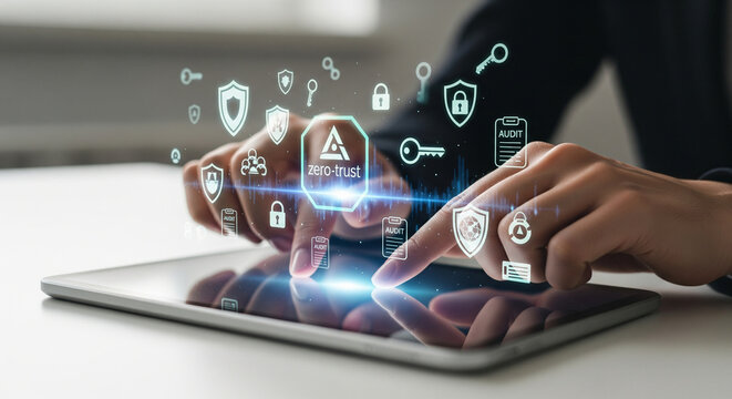 Advanced zero trust cybersecurity interface with glowing digital shield icons emerging above a modern tablet device for secure technology protection visualization - Powered by Adobe