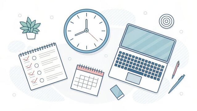 Time management and productivity illustration with laptop, checklist, clock, calendar, and workspace items, office planning concept for business blogs, remote work, project scheduling, task tracking