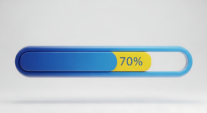 Dynamic 3D rendered progress bar displaying a seventy percent completion status, ideal for user interface designs, loading indicators, and digital project tracking visuals