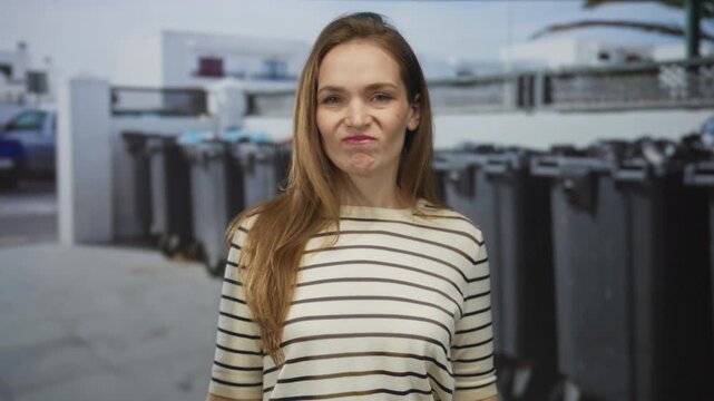 Woman scrunches nose at row of black trash bins lined against concrete wall on city street under bright daylight; disgust.