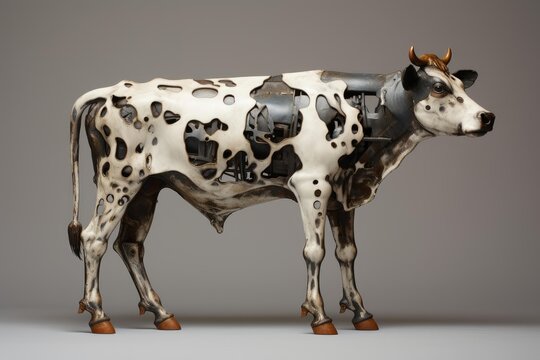 Robotic cow sculpture features a partially exposed internal structure, blending a farm animal with advanced mechanics