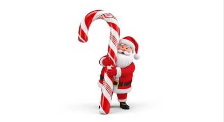 Festive Santa Character Hugging Red and White Striped Candy Cane