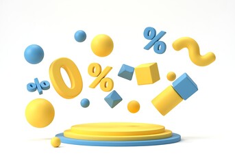 Zero Percent Promotion Display with Floating Geometric Shapes in Yellow and Blue for Special Offers and Discounts Sales