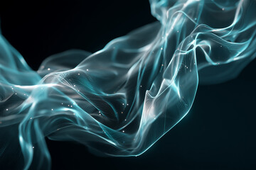 An abstract biometric flow field formed by translucent ribbons and micro-particles, creating a premium futuristic health-tech aesthetic.