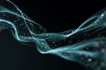 An abstract biometric flow field formed by translucent ribbons and micro-particles, creating a premium futuristic health-tech aesthetic.