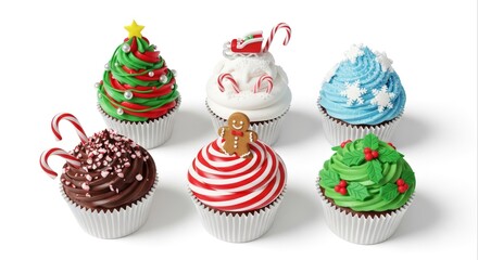 Festive Christmas Cupcakes Assortment with Holiday Icing on White