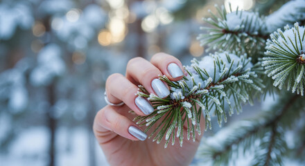 Woman's hand with silver nails touching snowy pine branch in winter  