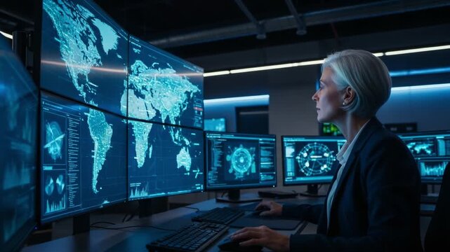 A focused professional analyzes complex data visualizations on multiple screens in a high-tech command center, emphasizing the importance of monitoring, strategy, and real-time information analysis fo