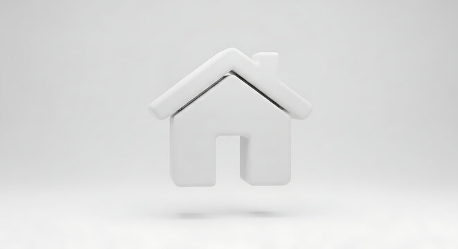 A clean, minimalist white house icon on a plain white background, symbolizing home and real estate