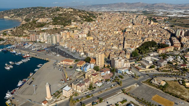 Aerial view of the historic center of Licata, located in the province of Agrigento, Sicily, Italy. It is a small town overlooking the Mediterranean Sea.