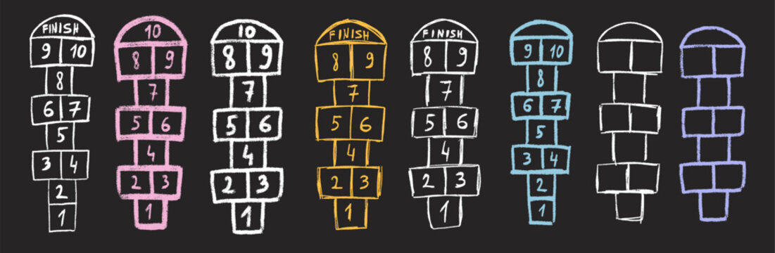 Hand drawn hopscotch games set on chalkboard. Kids hop scotch outdoor playground play. Vector colorful doodles illustration on blackboard background. Crayon scribble preschool symbol on asphalt.