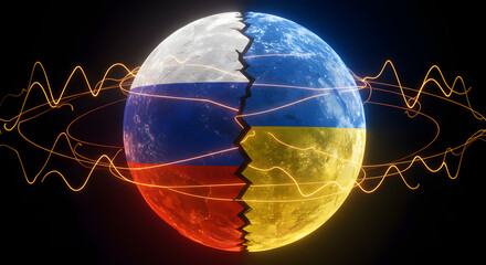 Cracked Globe with Russia and Ukraine Flags and Energy Waves