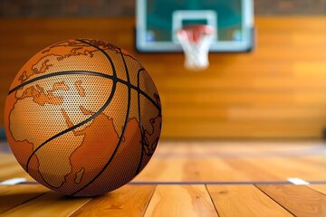 A textured basketball, designed as a world map, rests on a gleaming wooden court beneath a distant hoop.