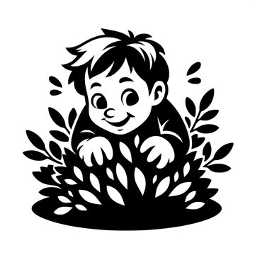 Boy Sneaking Behind Bush to Scare Friend