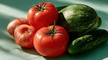 Fresh tomatoes and cucumbers create vibrant morning ritual in village market, showcasing nature bounty and colorful produce