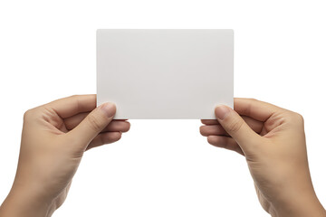 Fototapeta premium Hands holding a blank white card isolated on white background