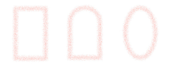 Pink geometric frames set. Arc, rectangle and oval gritty borders. Square, arch, ellipse text boxes. Spray halftone callouts. Vector illustration.