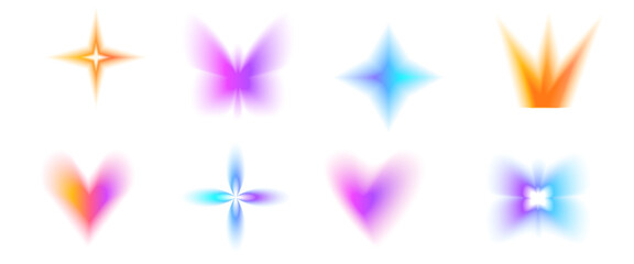 Set of iridescent blurred twinkles y2k icons. Gradient hearts, butterfly flowers set. Bright aura shapes. Simple collage blinks neon colorful figures. Vector purple yellow gradation collection.